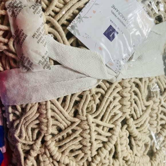 UO Bohemian Macrame Textured Cotton Window Curtain Panel Wall Hanging Tan - Picture 8 of 12